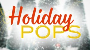 Holiday Pops in red and gold over a photo of vintage christmas trees